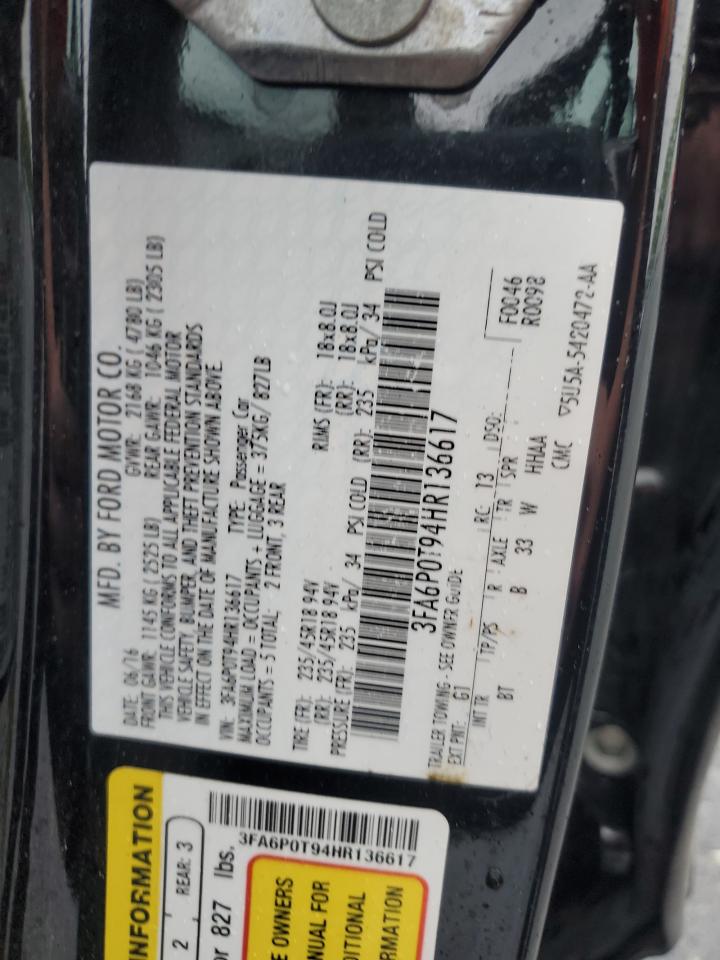2017 Ford Fusion Se VIN: 3FA6P0T94HR136617 Lot: 56996785