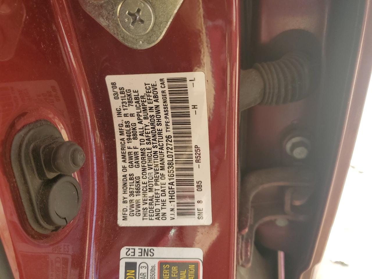 2008 Honda Civic Lx VIN: 1HGFA16538L072726 Lot: 57029435