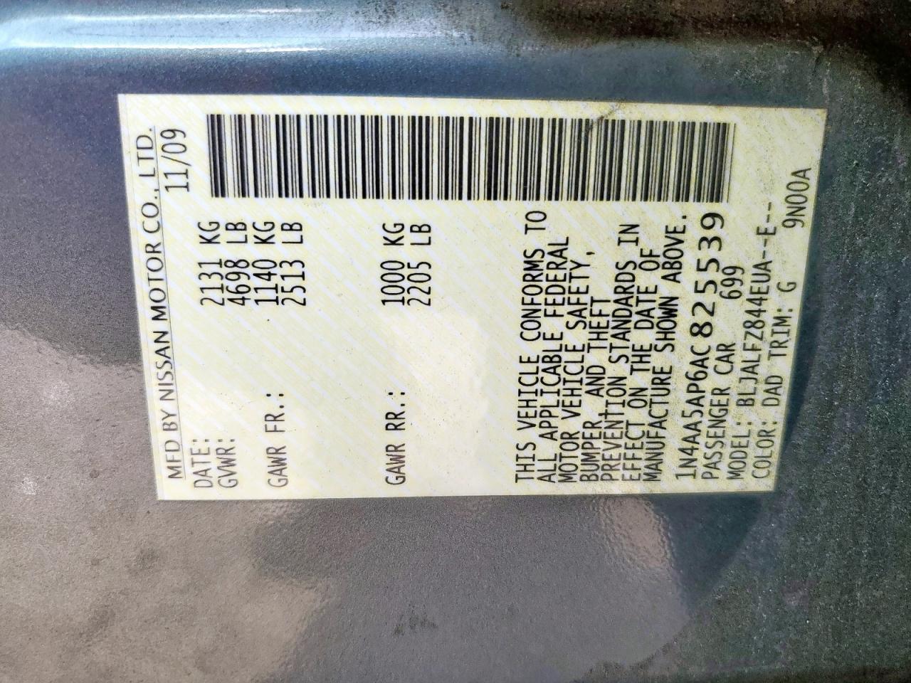 2010 Nissan Maxima S VIN: 1N4AA5AP6AC825539 Lot: 57162765