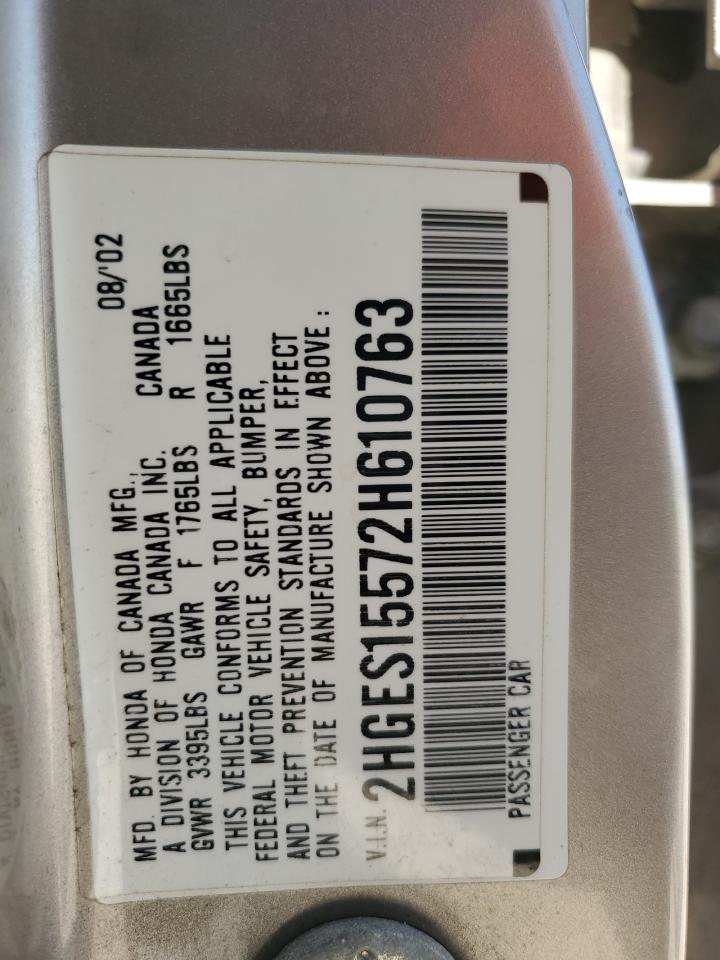 2002 Honda Civic Lx VIN: 2HGES15572H610763 Lot: 56901625
