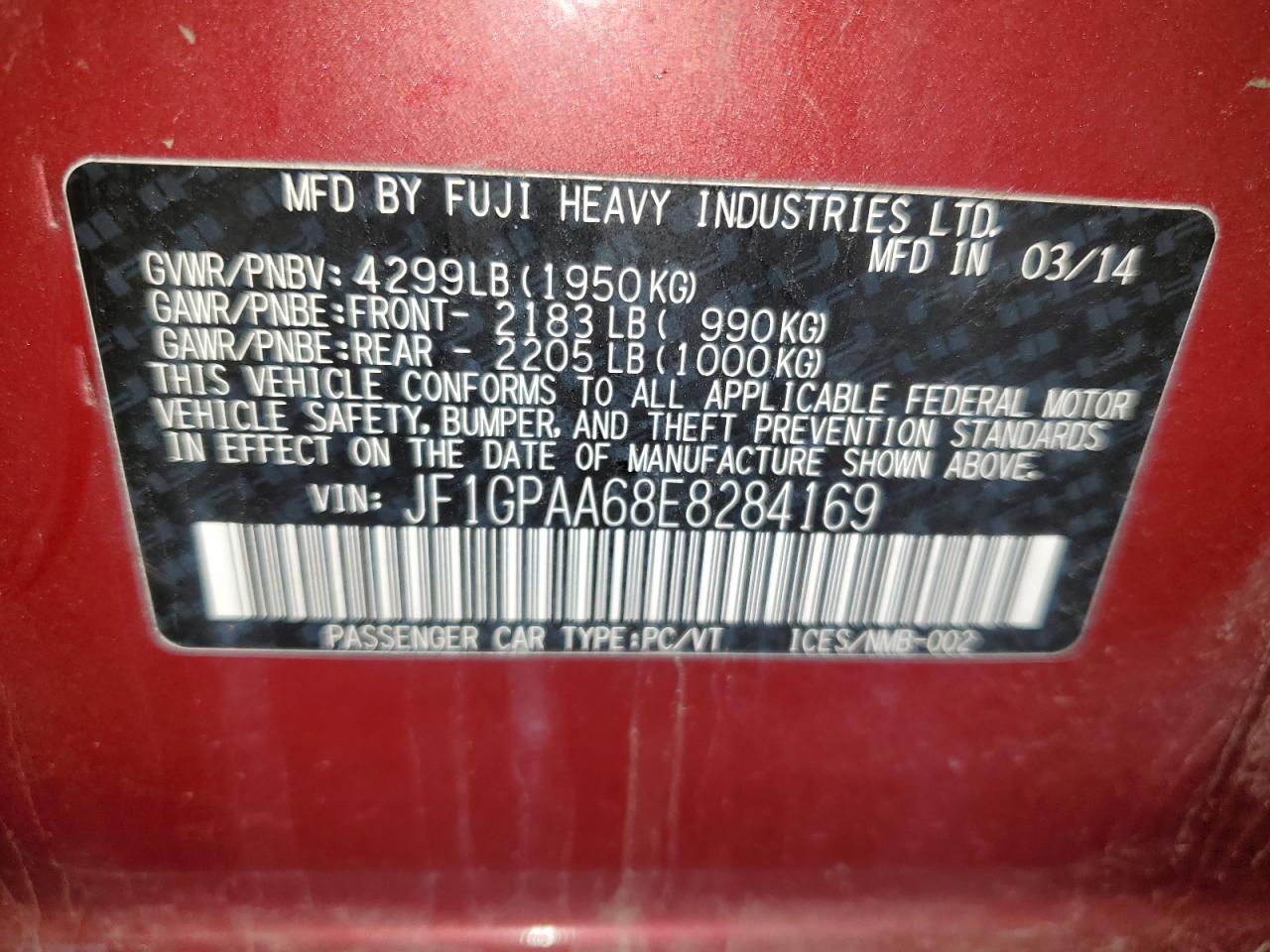 2014 Subaru Impreza VIN: JF1GPAA68E8284169 Lot: 55174255