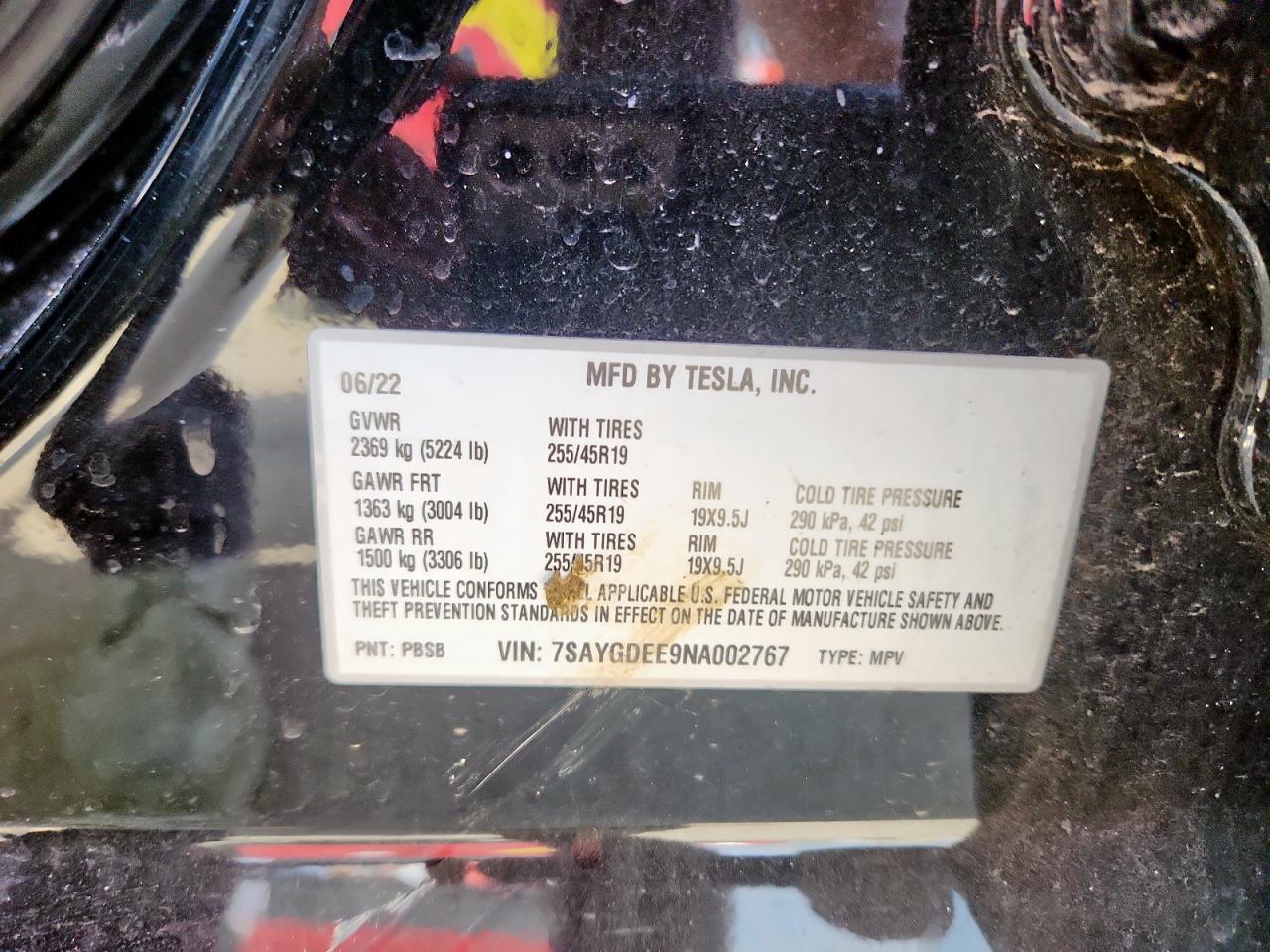 2022 Tesla Model Y VIN: 7SAYGDEE9NA002767 Lot: 58671105