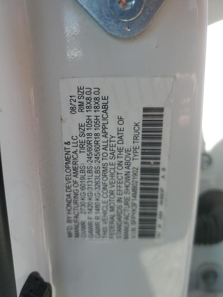 2021 Honda Ridgeline Sport VIN: 5FPYK3F14MB021902 Lot: 54936855