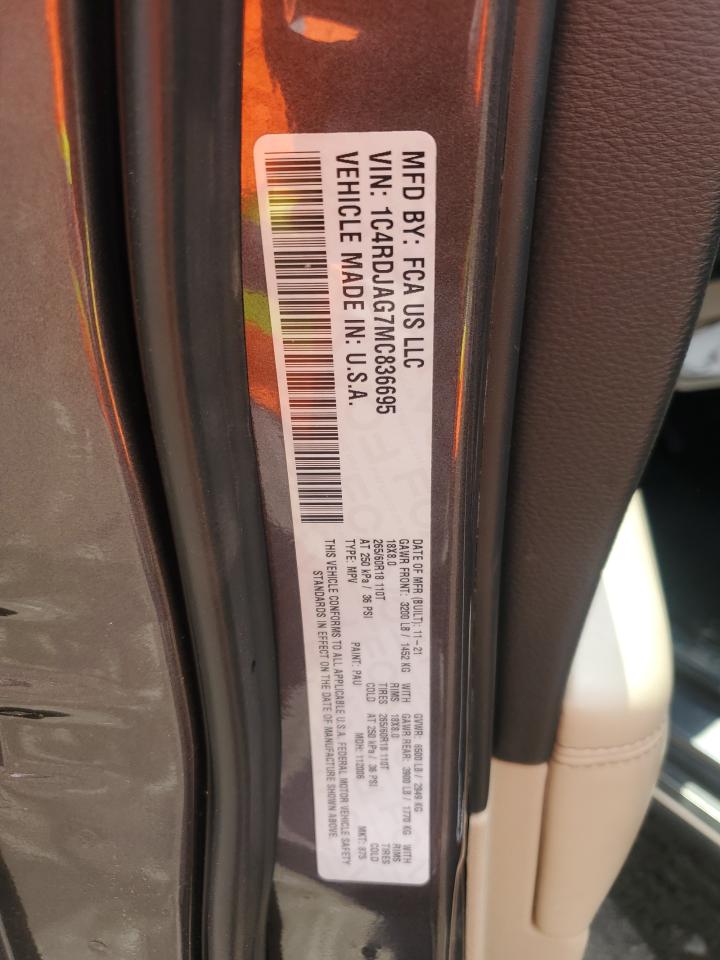 2021 Dodge Durango Sxt VIN: 1C4RDJAG7MC836695 Lot: 59144295
