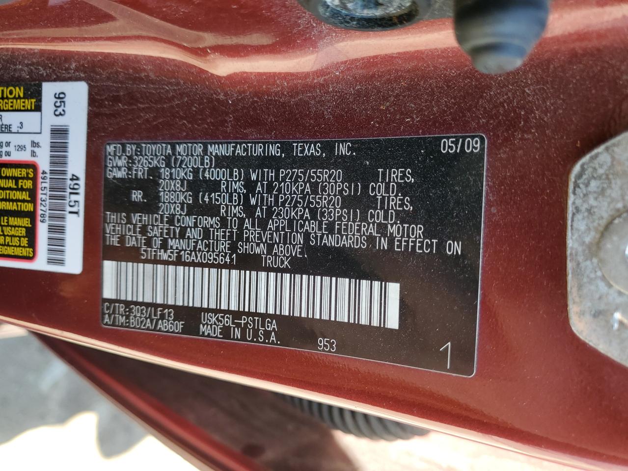 2010 Toyota Tundra Crewmax Limited VIN: 5TFHW5F16AX095641 Lot: 57283785