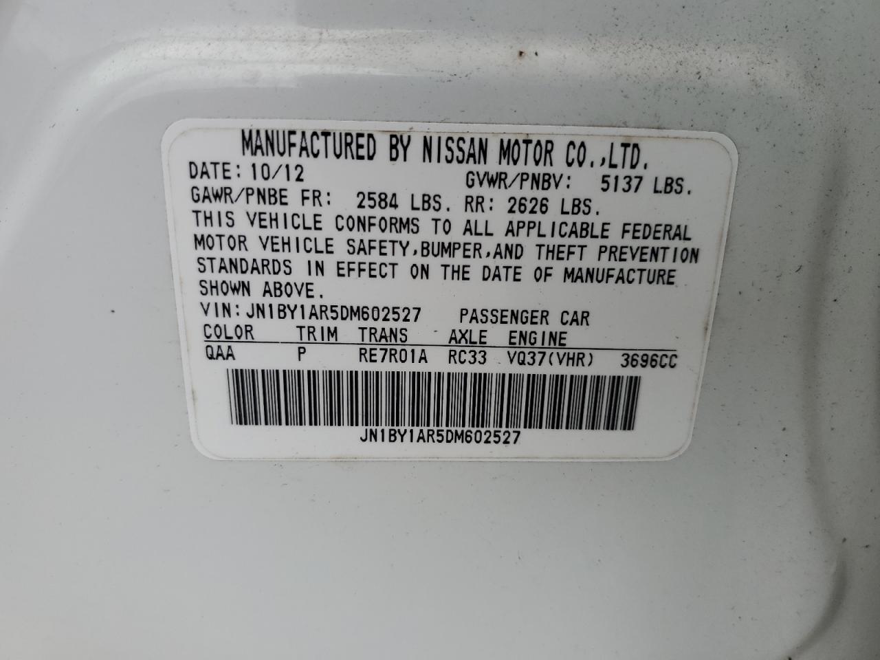 2013 Infiniti M37 X VIN: JN1BY1AR5DM602527 Lot: 55751095