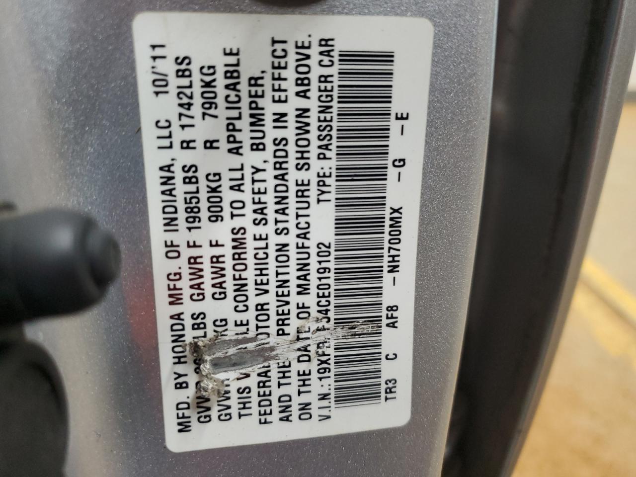 2012 Honda Civic Lx VIN: 19XFB2F54CE019102 Lot: 56723135