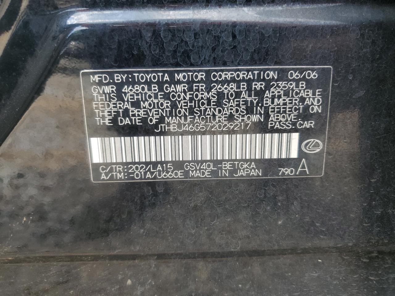 2007 Lexus Es 350 VIN: JTHBJ46G572029217 Lot: 57758135