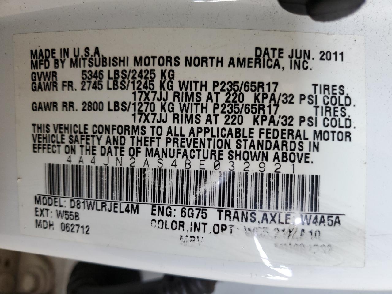 2011 Mitsubishi Endeavor Ls VIN: 4A4JN2AS4BE032921 Lot: 57999155