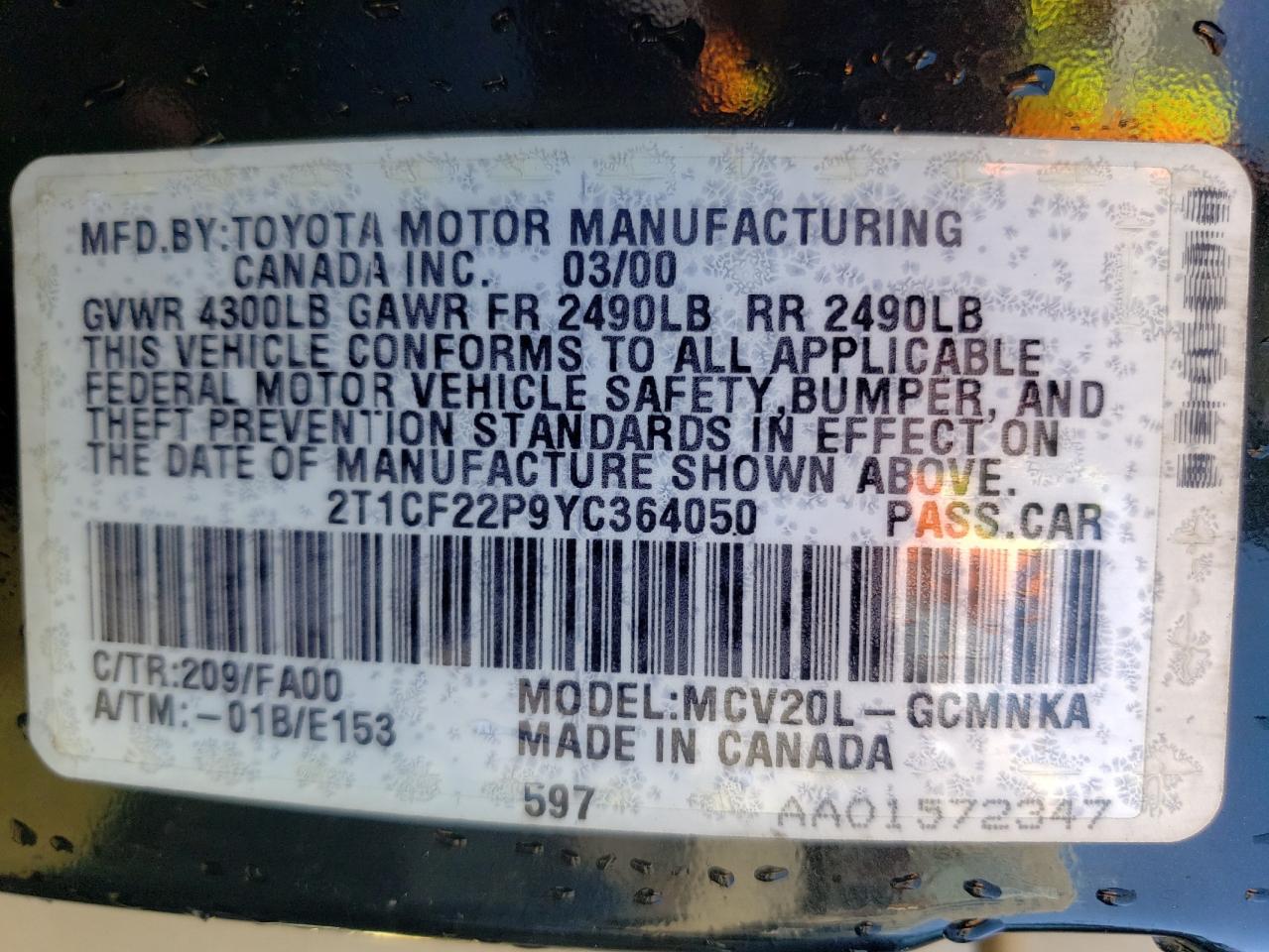 2t1cf22p9yc364050 2T1CF22P9YC364050 2000 Toyota Camry Solara Se