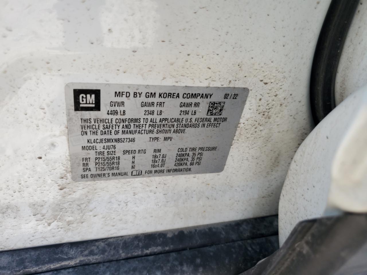 2022 Buick Encore Preferred VIN: KL4CJESMXNB527346 Lot: 56568725