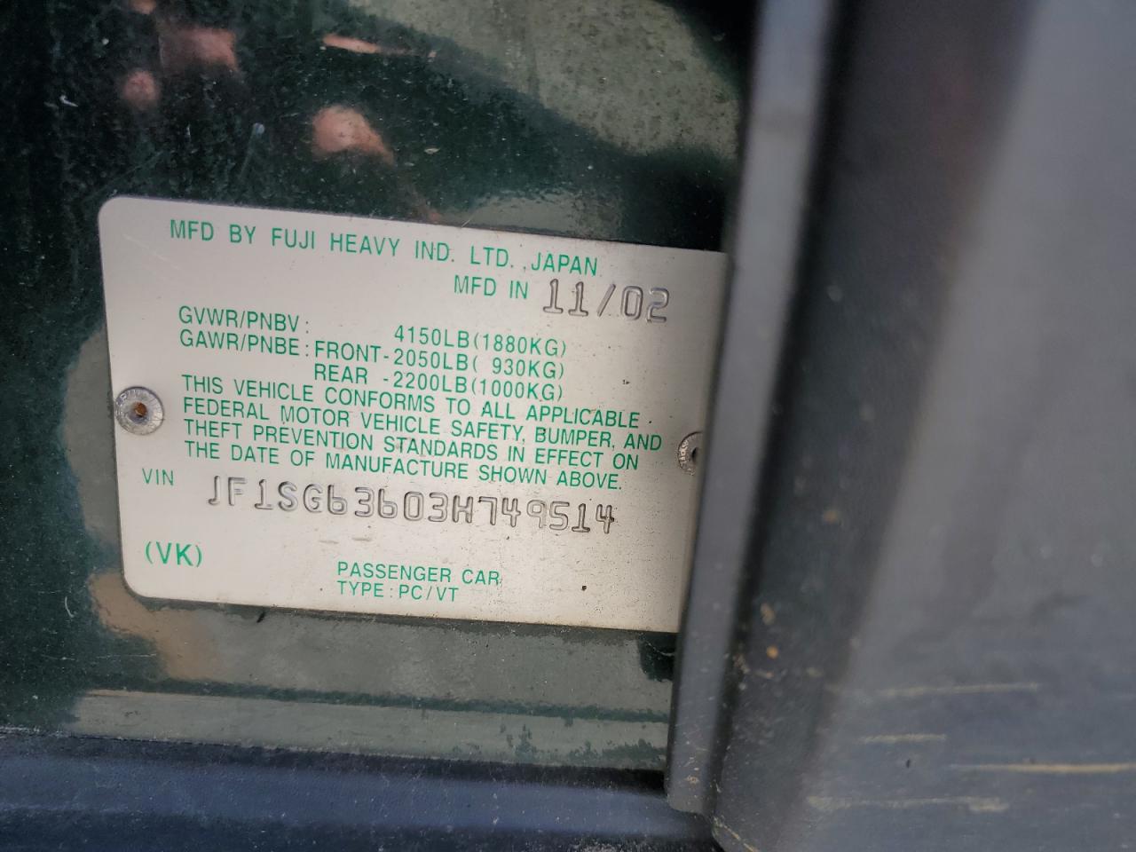 2003 Subaru Forester 2.5X VIN: JF1SG63603H749514 Lot: 56586815