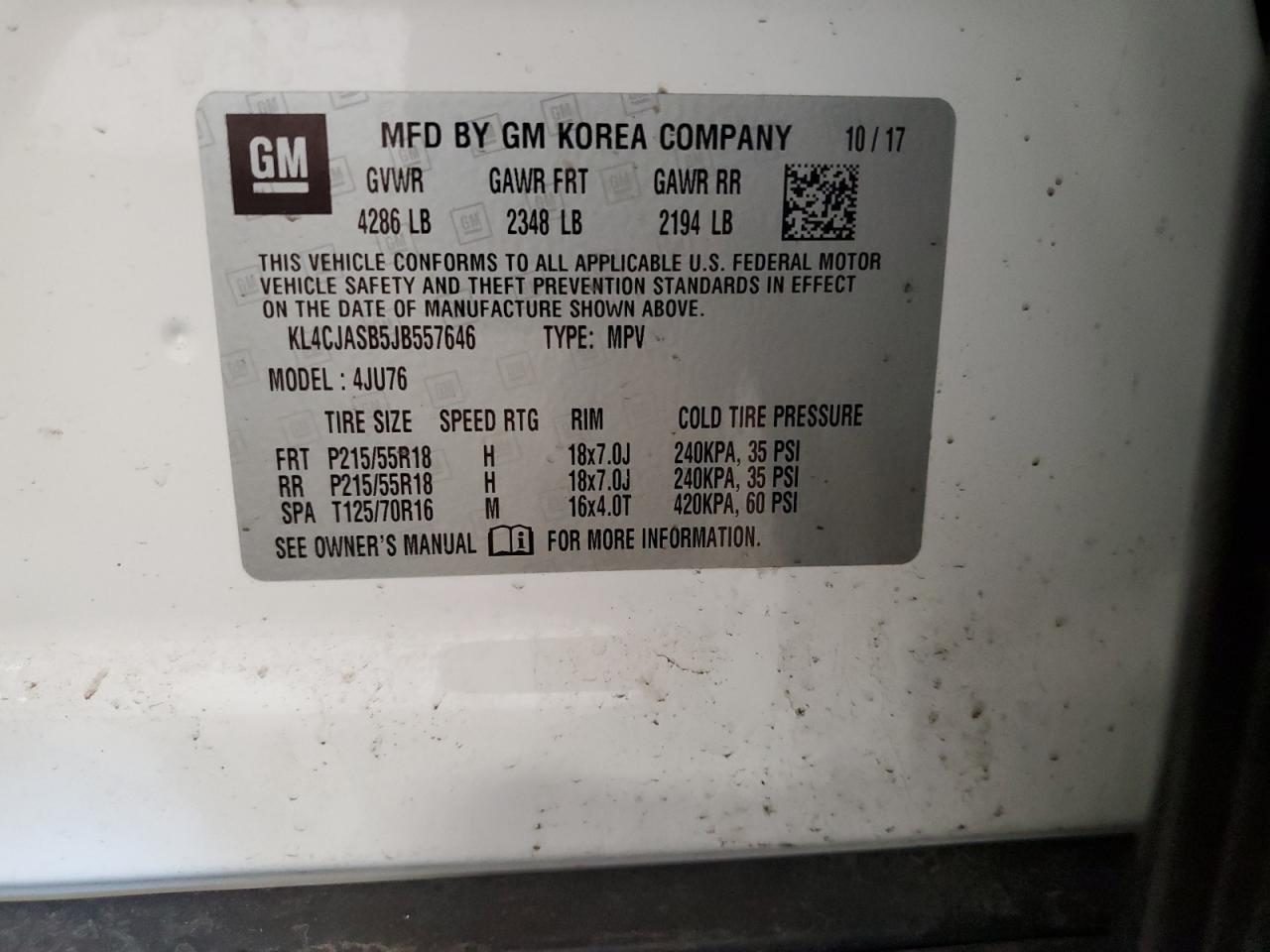 2018 Buick Encore Preferred VIN: KL4CJASB5JB557646 Lot: 56495665
