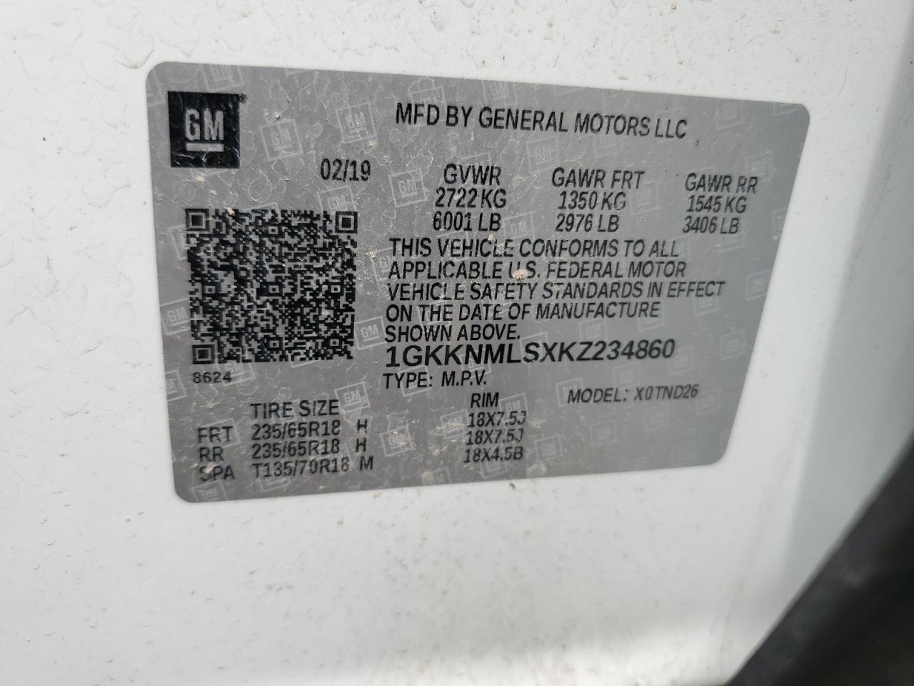 2019 GMC Acadia Slt-1 VIN: 1GKKNMLSXKZ234860 Lot: 56904795