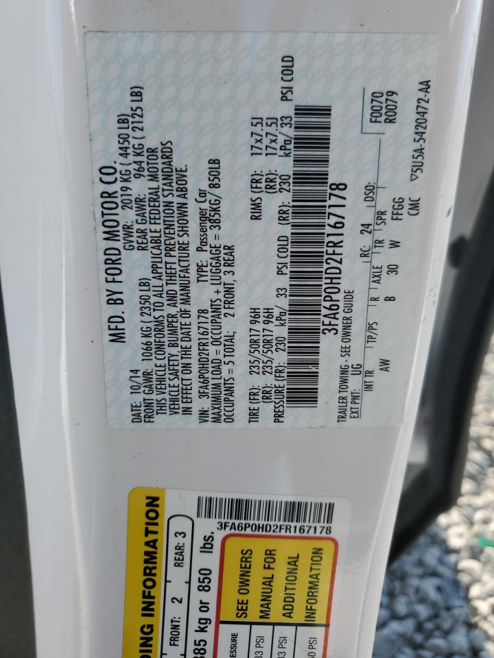 2015 Ford Fusion Se VIN: 3FA6P0HD2FR167178 Lot: 54141555
