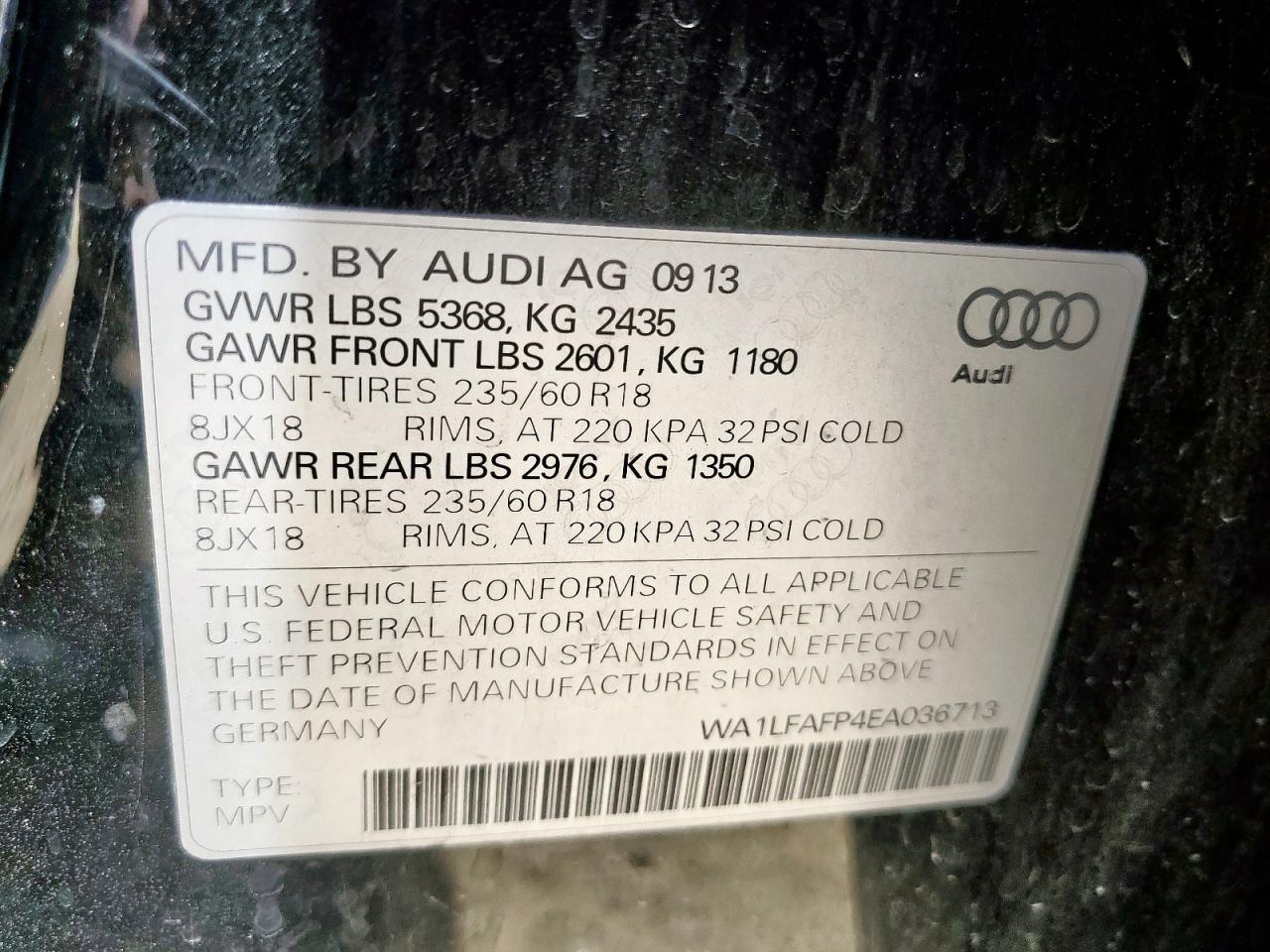 2014 Audi Q5 Premium Plus VIN: WA1LFAFP4EA036713 Lot: 56910355