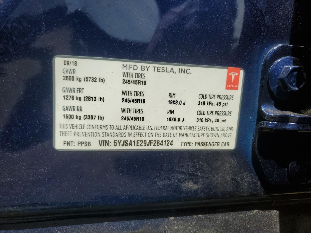 2018 Tesla Model S VIN: 5YJSA1E29JF284124 Lot: 56644175
