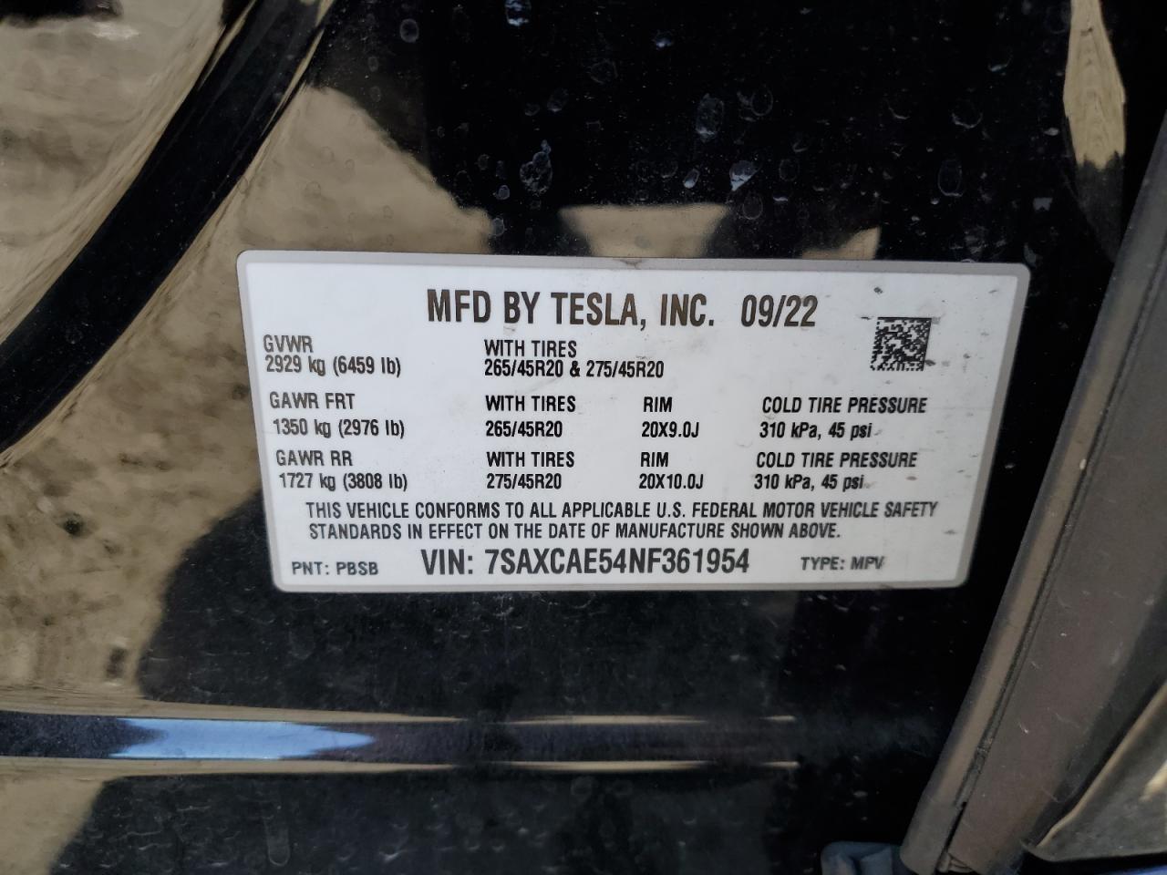 2022 Tesla Model X VIN: 7SAXCAE54NF361954 Lot: 56475335