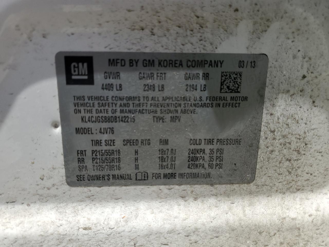 2013 Buick Encore VIN: KL4CJGSB8DB142215 Lot: 57270055