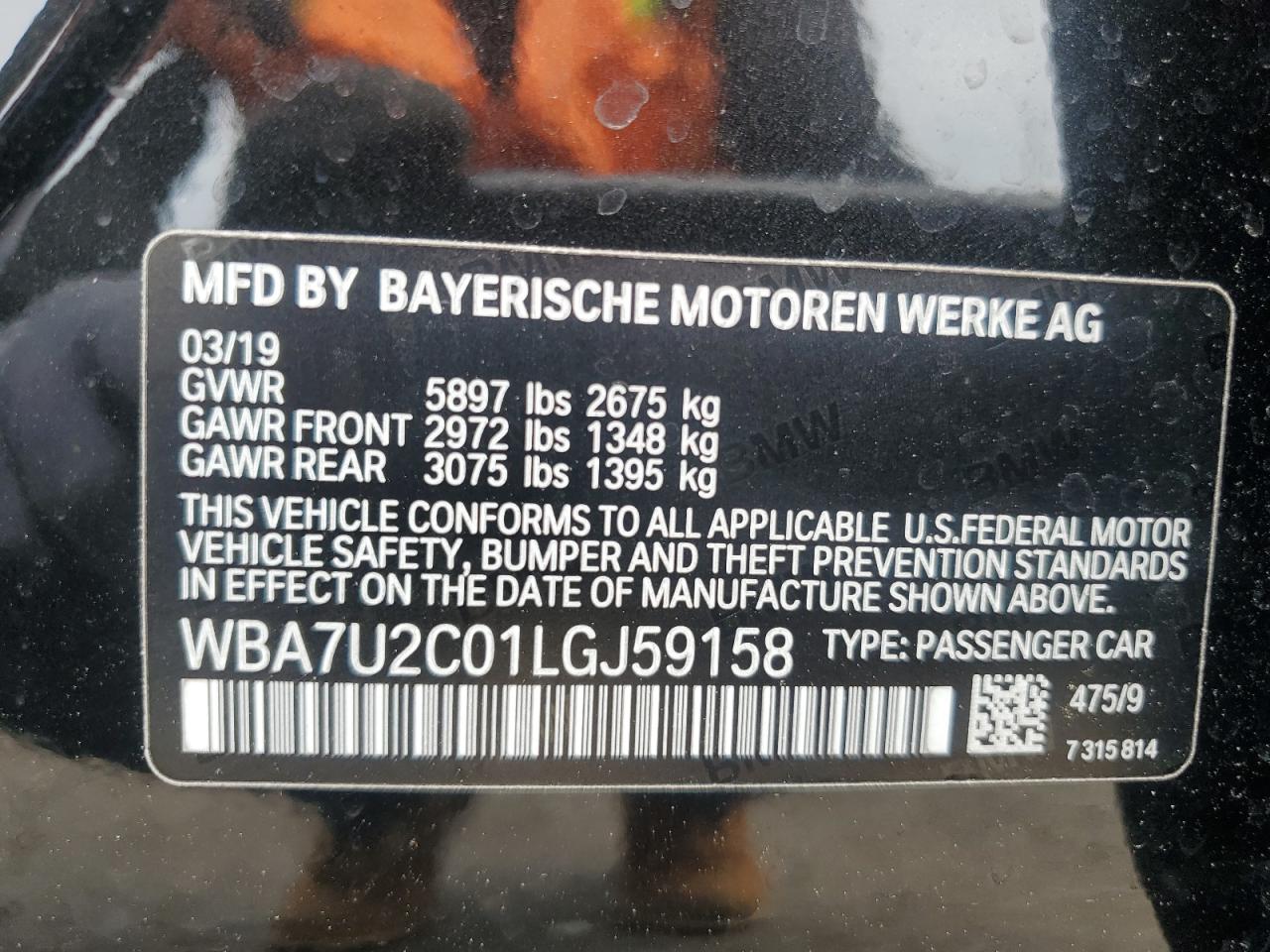 2020 BMW 750 Xi VIN: WBA7U2C01LGJ59158 Lot: 56462525