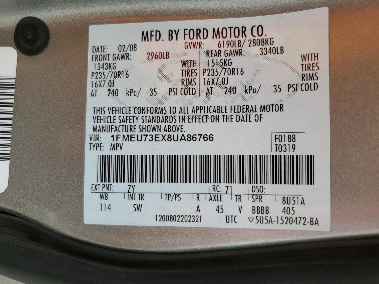 2008 Ford Explorer Xlt VIN: 1FMEU73EX8UA86766 Lot: 57316225