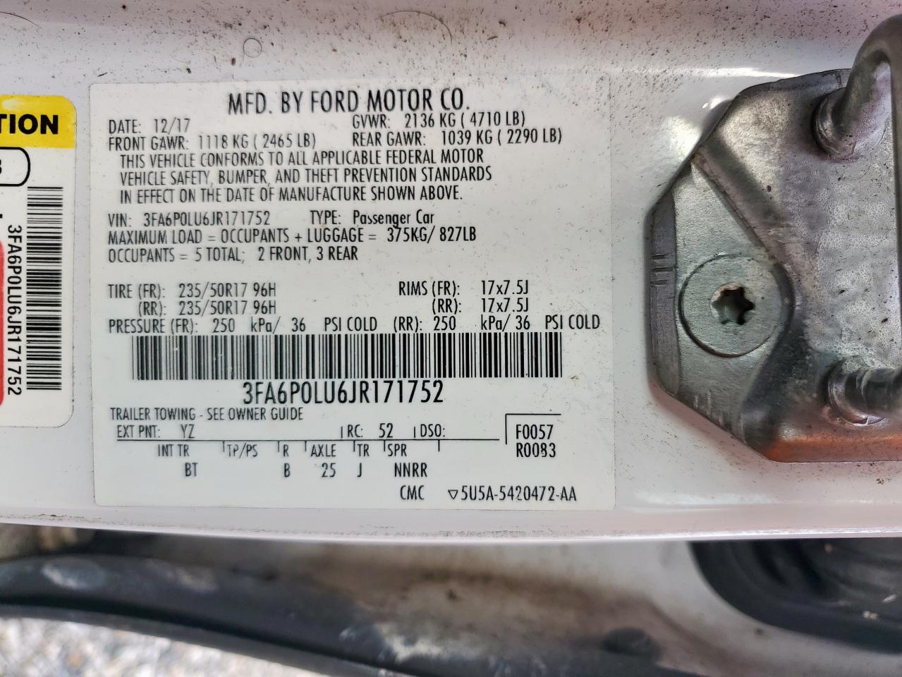 2018 Ford Fusion Se Hybrid VIN: 3FA6P0LU6JR171752 Lot: 54038015