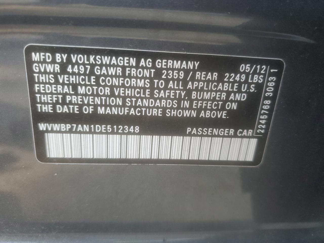 2013 Volkswagen Cc Sport VIN: WVWBP7AN1DE512348 Lot: 55429675