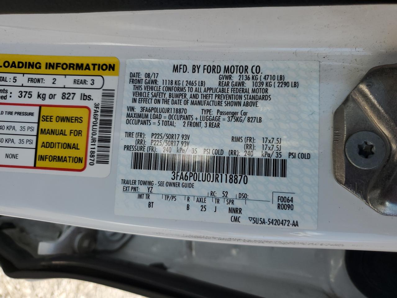 2018 Ford Fusion Se Hybrid VIN: 3FA6P0LU0JR118870 Lot: 54027815