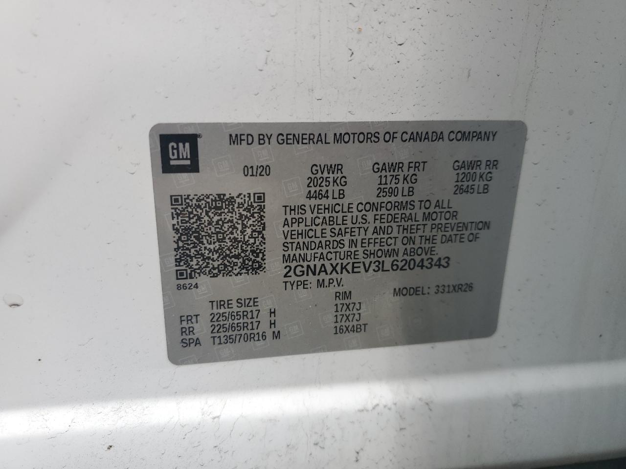 2020 Chevrolet Equinox Lt VIN: 2GNAXKEV3L6204343 Lot: 56897115