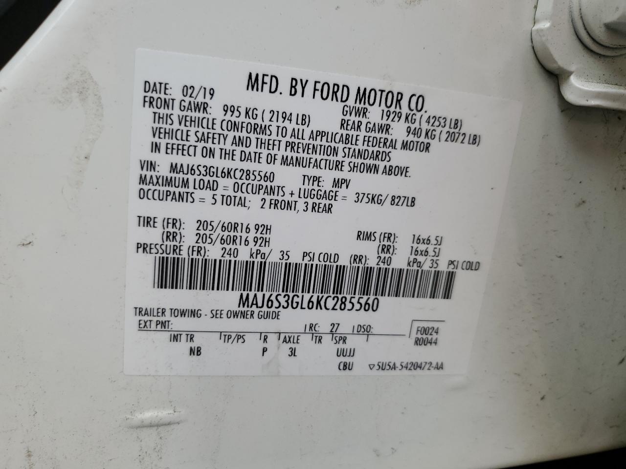 2019 Ford Ecosport Se VIN: MAJ6S3GL6KC285560 Lot: 56725455