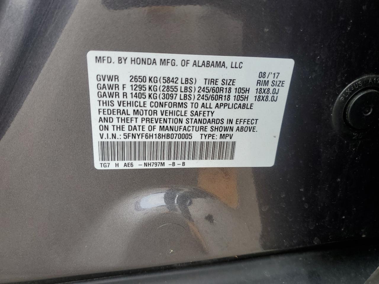 2017 Honda Pilot Lx VIN: 5FNYF6H18HB070005 Lot: 56146665