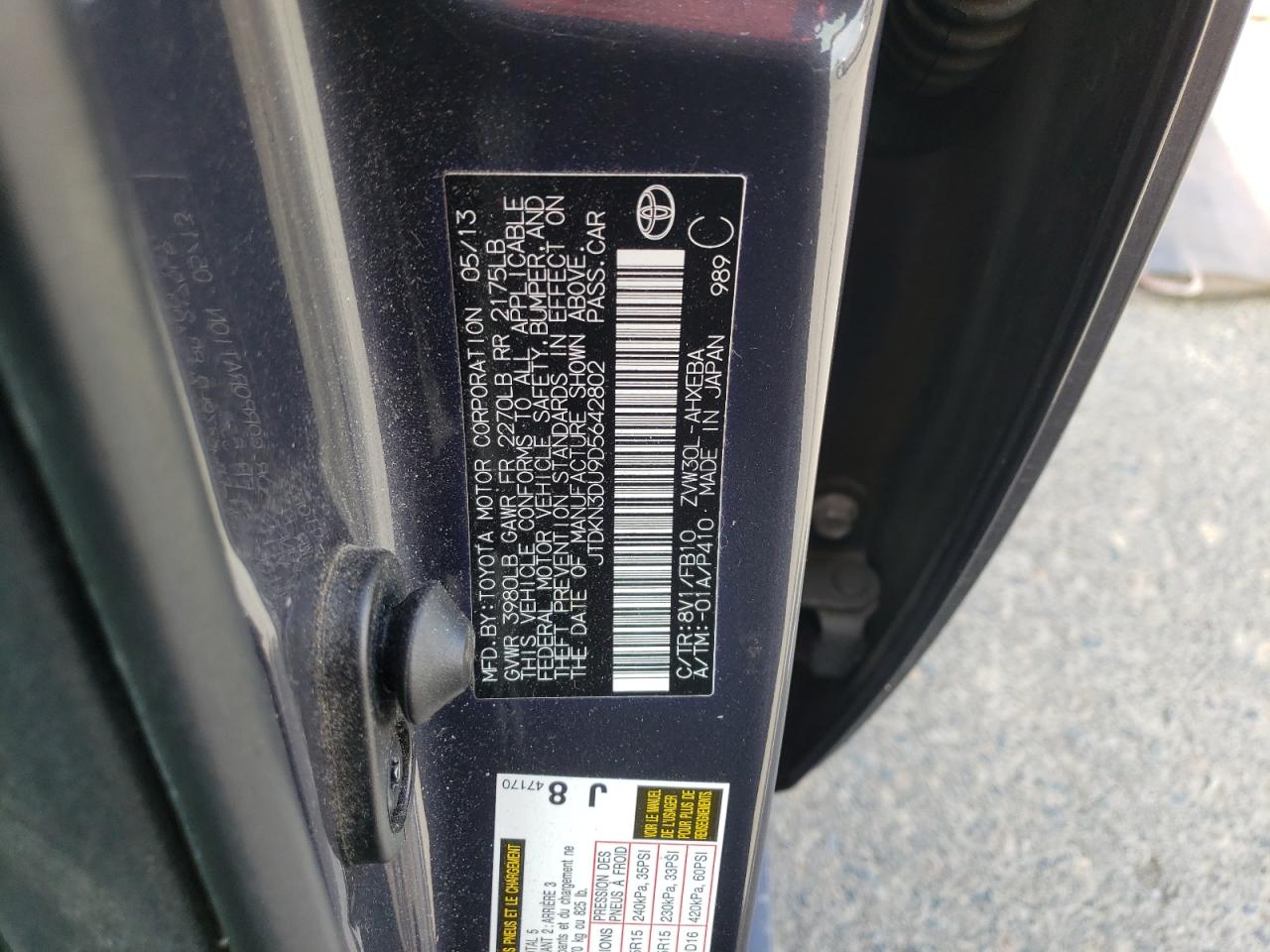 2013 Toyota Prius VIN: JTDKN3DU9D5642802 Lot: 56910125