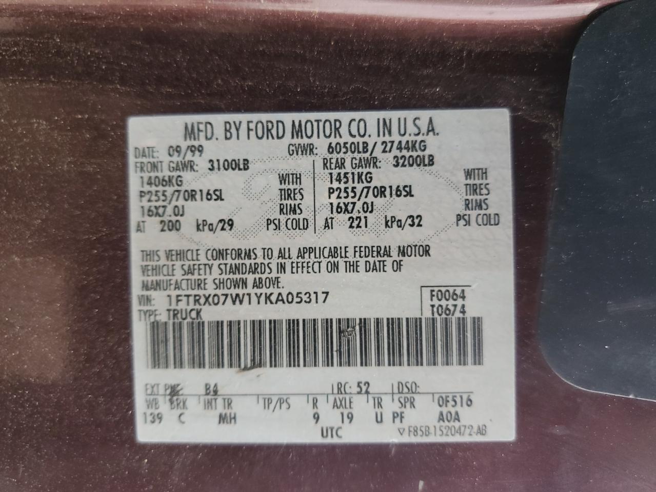 2000 Ford F150 VIN: 1FTRX07W1YKA05317 Lot: 56207955