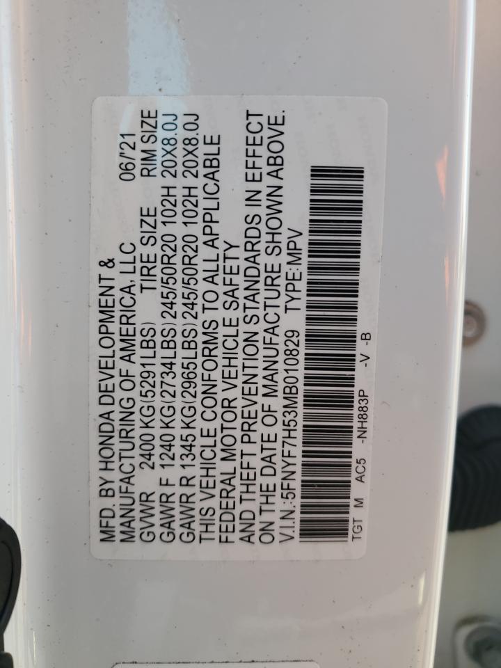 2021 Honda Passport Exl VIN: 5FNYF7H53MB010829 Lot: 56399175