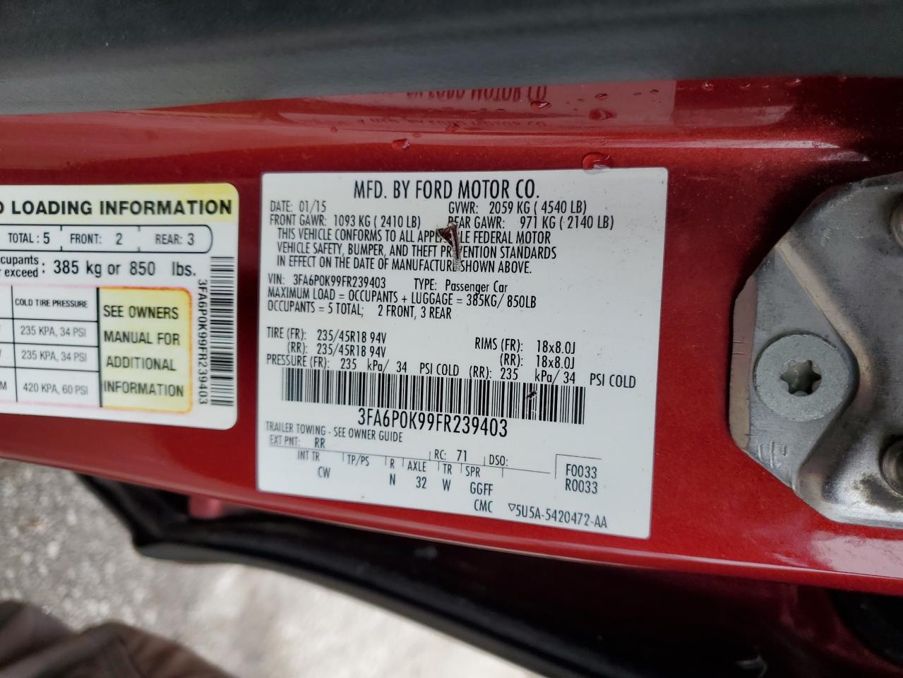 2015 Ford Fusion Titanium VIN: 3FA6P0K99FR239403 Lot: 90980235