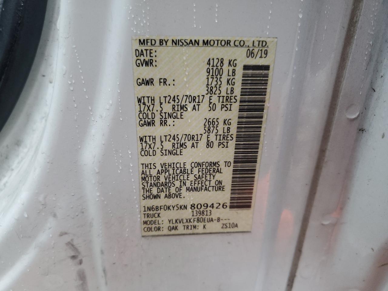 2019 Nissan Nv 2500 S VIN: 1N6BF0KY5KN809426 Lot: 55283915