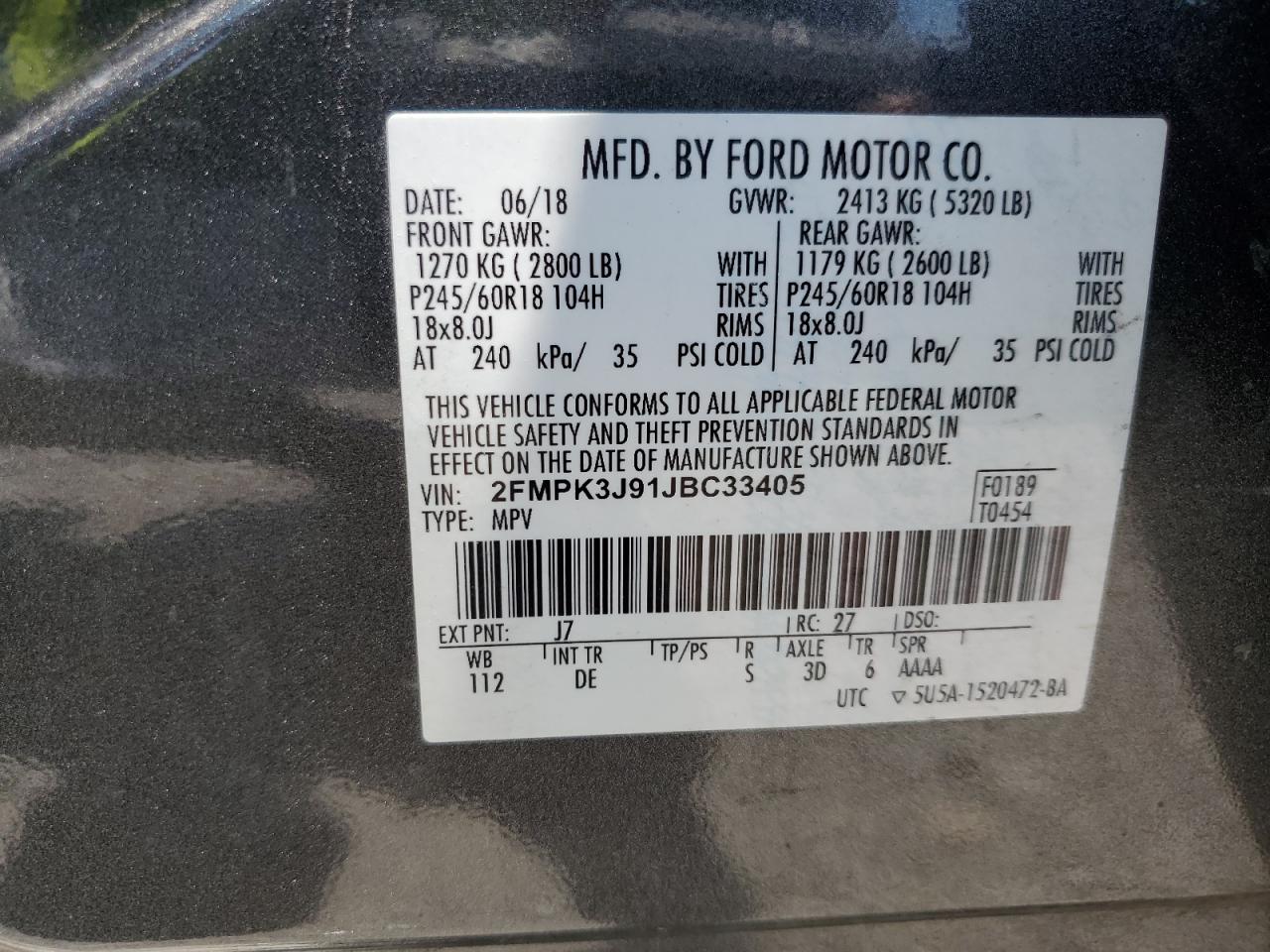 2018 Ford Edge Sel VIN: 2FMPK3J91JBC33405 Lot: 57083815