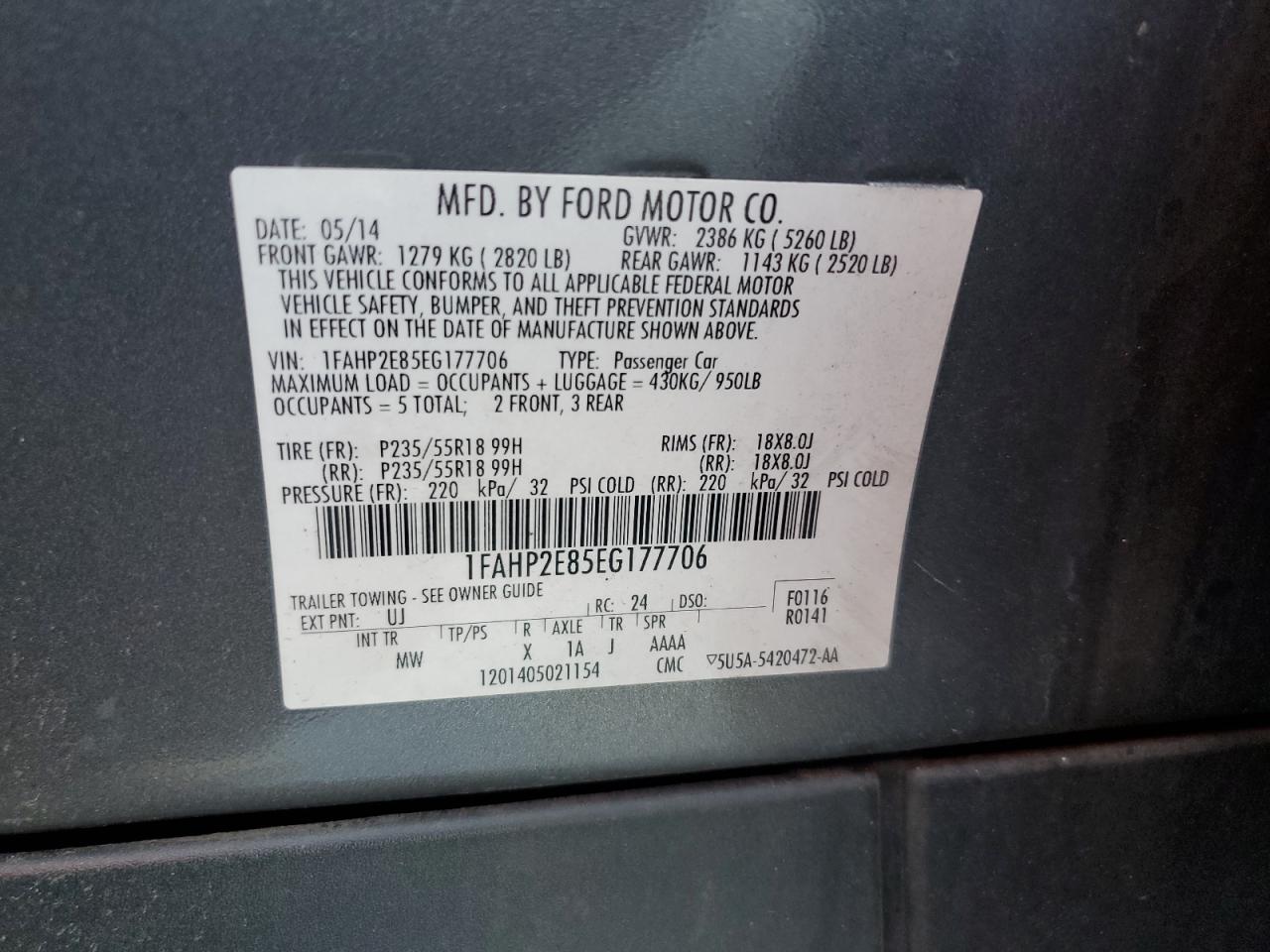 2014 Ford Taurus Sel VIN: 1FAHP2E85EG177706 Lot: 56364135
