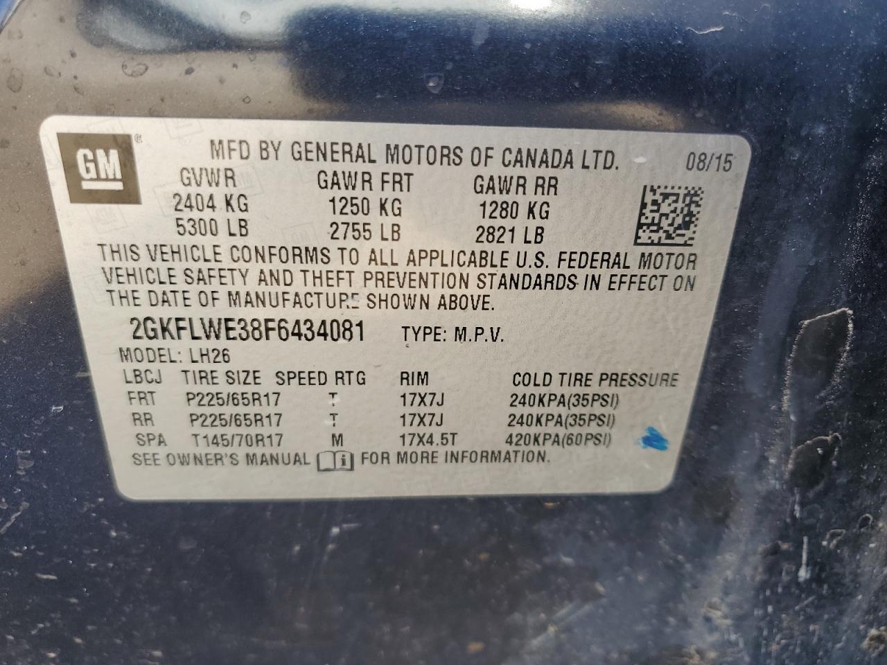 2015 GMC Terrain Sle VIN: 2GKFLWE38F6434081 Lot: 56249385