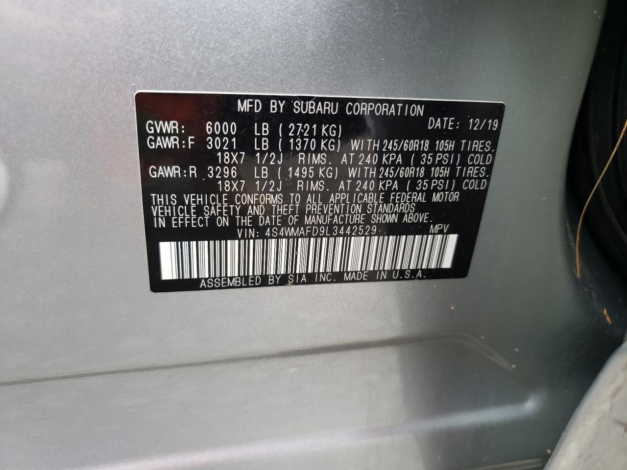 2020 Subaru Ascent Premium VIN: 4S4WMAFD9L3442529 Lot: 54097995