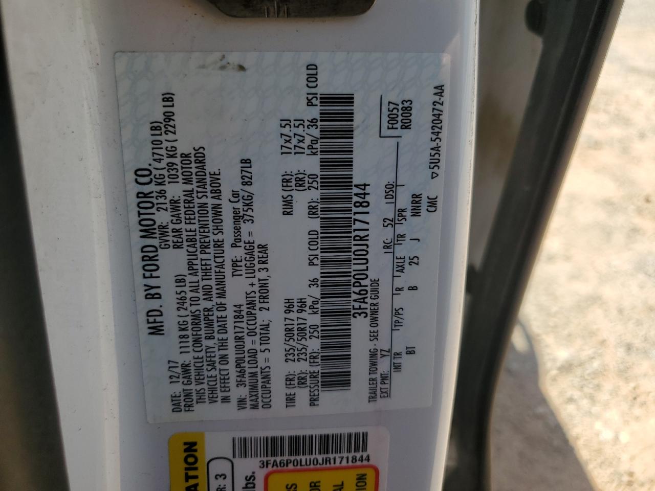 2018 Ford Fusion Se Hybrid VIN: 3FA6P0LU0JR171844 Lot: 54043525