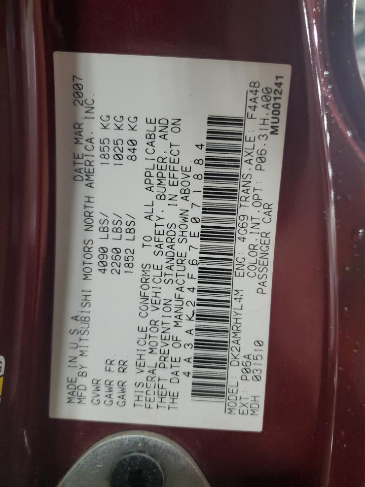 2007 Mitsubishi Eclipse Gs VIN: 4A3AK24F67E071884 Lot: 58465765