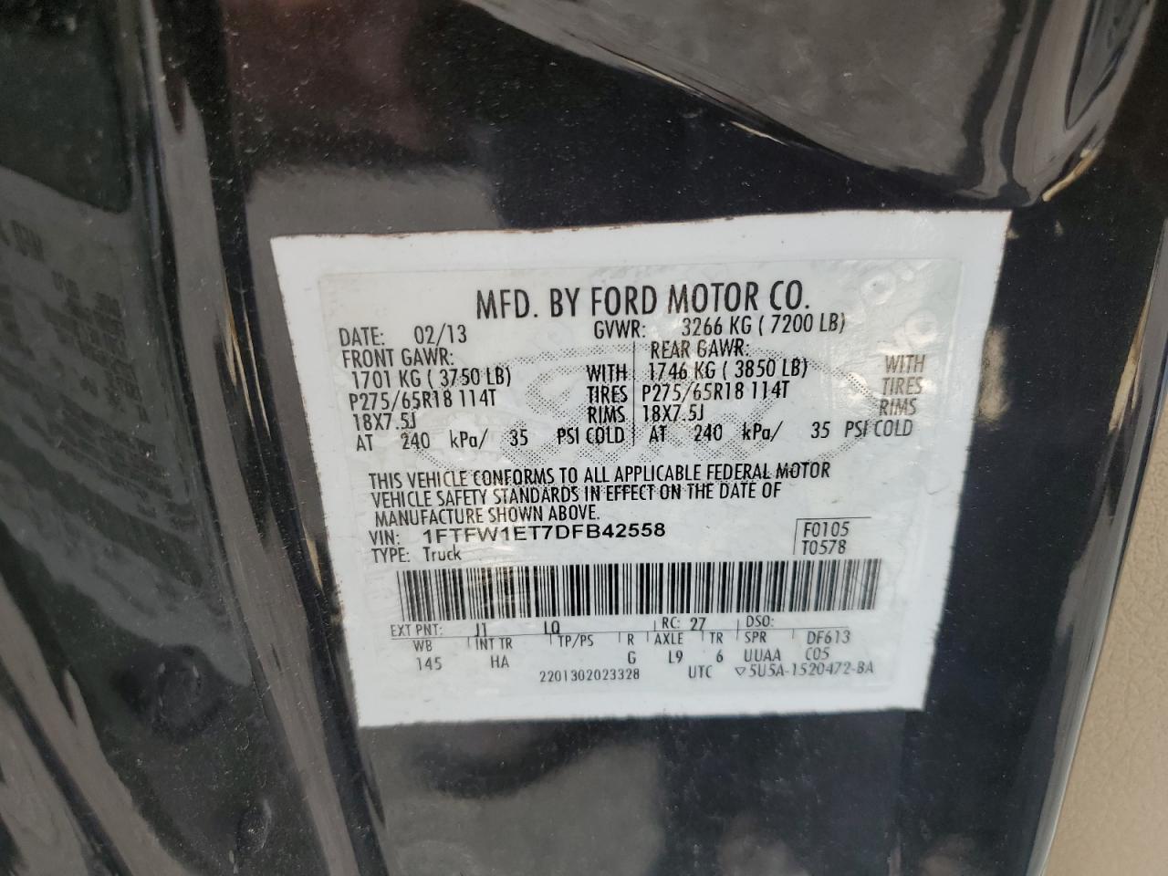 2013 Ford F150 Supercrew VIN: 1FTFW1ET7DFB42558 Lot: 57380875