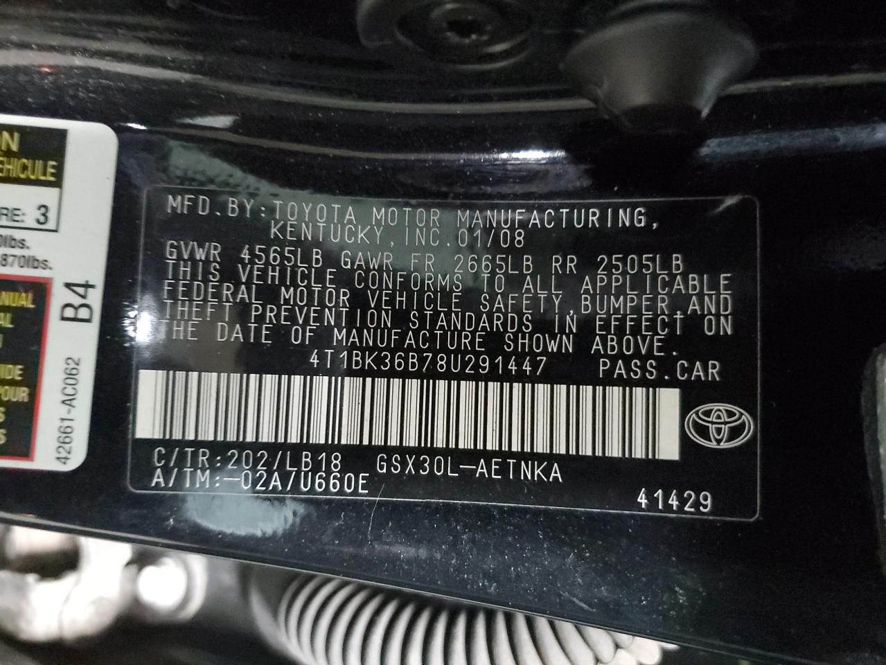 2008 Toyota Avalon Xl VIN: 4T1BK36B78U291447 Lot: 56553045