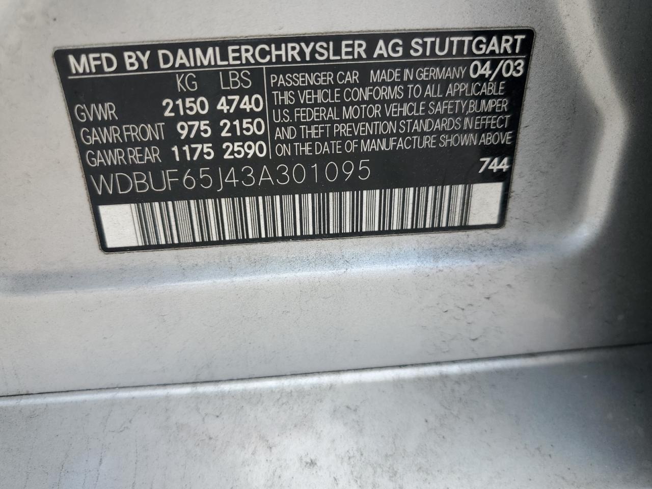 2003 Mercedes-Benz E 320 VIN: WDBUF65J43A301095 Lot: 56434605