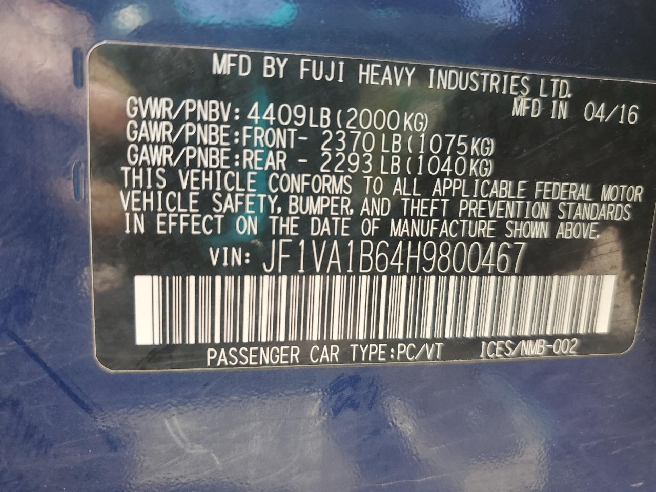 2017 Subaru Wrx VIN: JF1VA1B64H9800467 Lot: 56063965