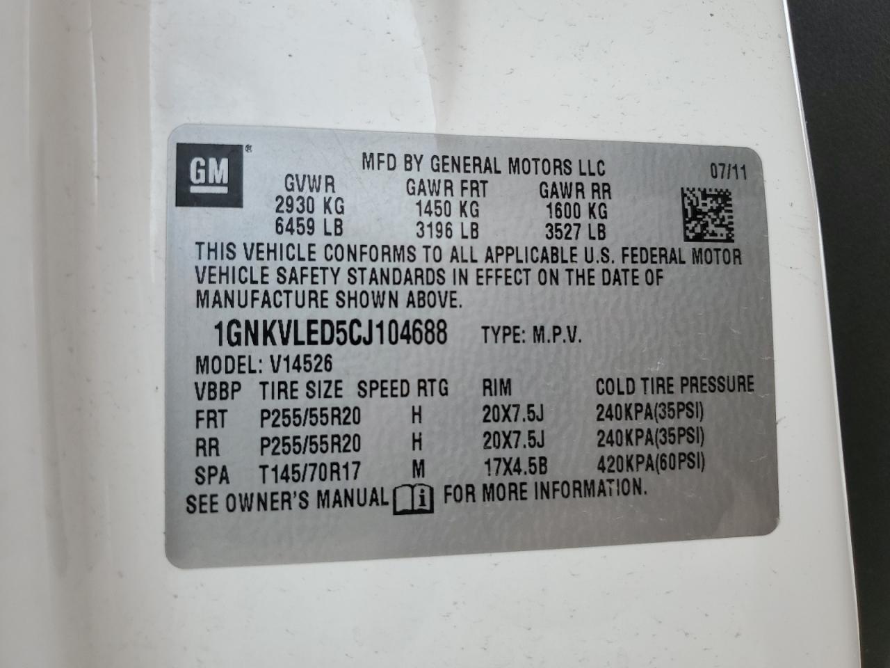 2012 Chevrolet Traverse Ltz VIN: 1GNKVLED5CJ104688 Lot: 58358565