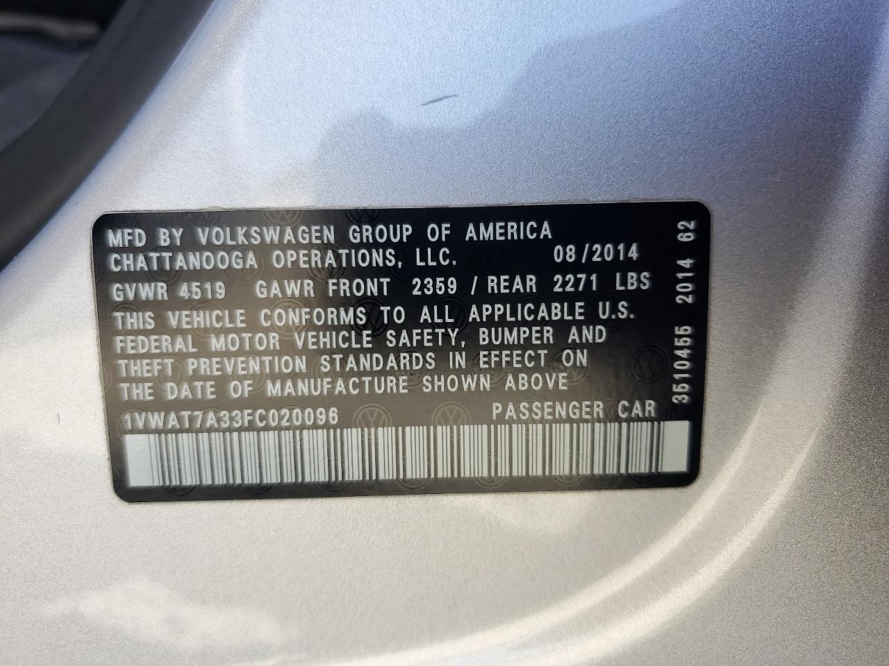 2015 Volkswagen Passat S VIN: 1VWAT7A33FC020096 Lot: 56963135