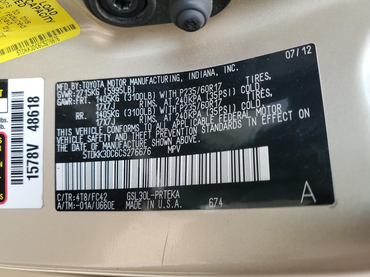 2012 Toyota Sienna Le VIN: 5TDKK3DC6CS276676 Lot: 56898135