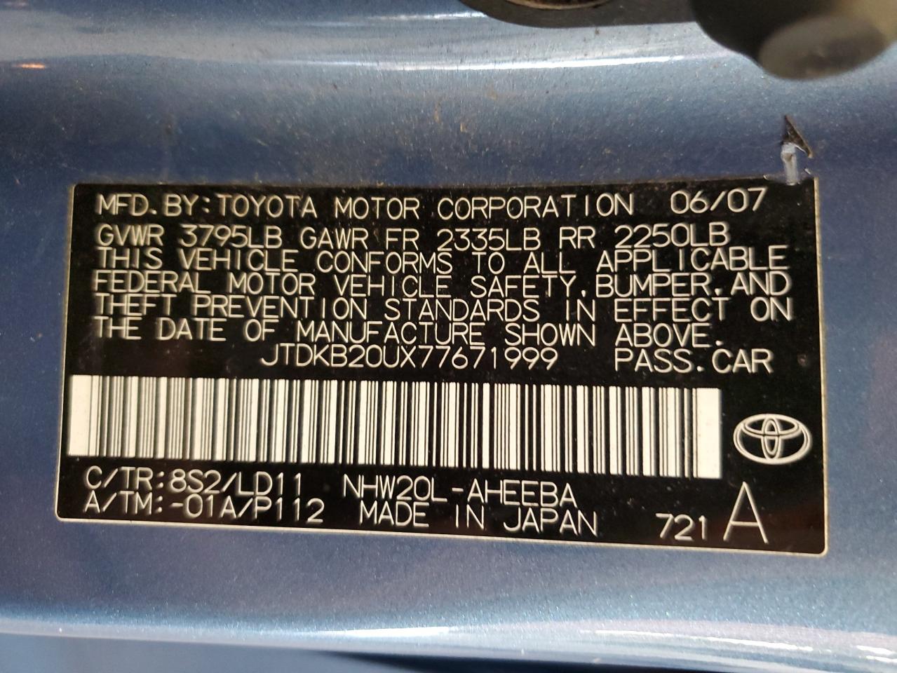 2007 Toyota Prius VIN: JTDKB20UX77671999 Lot: 55975765